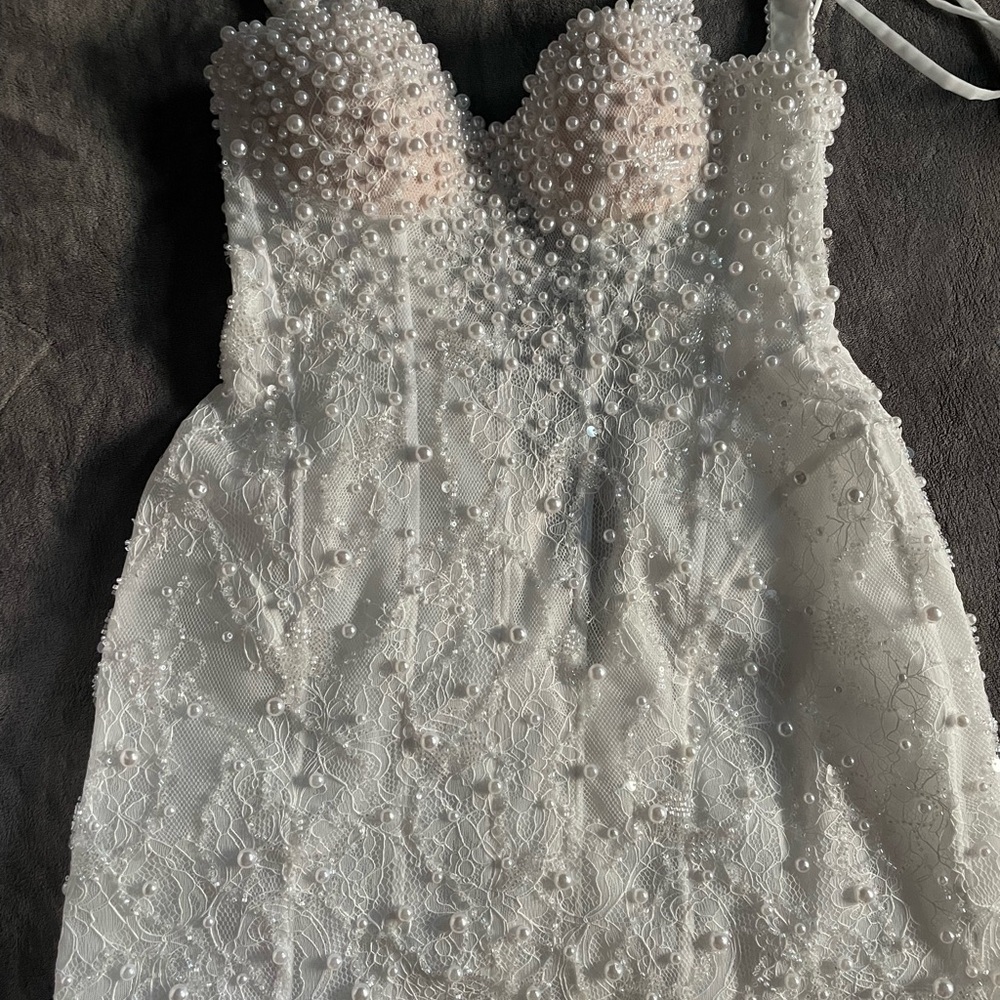 Pearl-Embellished White Wedding Dress - Picture 3 of 7